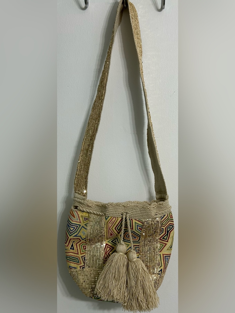 Authentic Wayuu Mochila Handwoven Beaded Sequin Crossbody Bag Boho Crochet